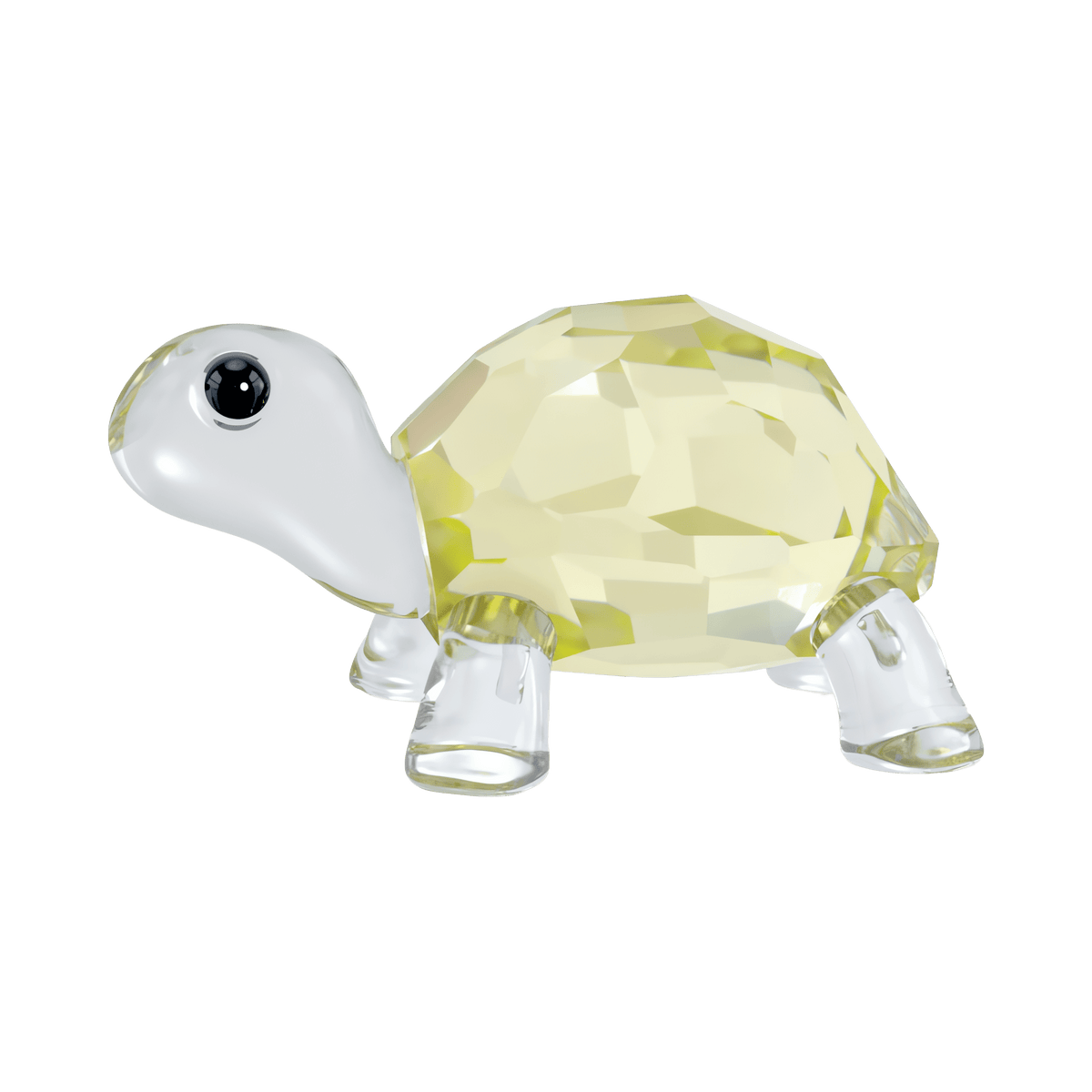 A Swarovski Idyllia Baby Tortoise figurine—a small, clear crystal turtle with a faceted, pale yellow shell and an oversized black-and-white eye—adds whimsical charm and refined elegance to your décor; a delightful crystal creation by Swarovski set against a pure white background.