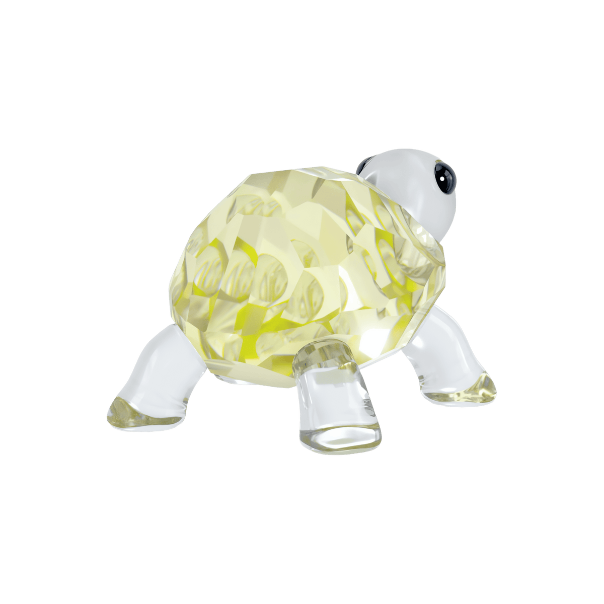 The Swarovski Idyllia Baby Tortoise by Swarovski is a charming glass figurine featuring a faceted yellow shell, clear legs, and a white head with a large black eye. Perfect as crystal décor, this elegant nature-inspired piece adds sophistication to any display and is shown here on a white background.
