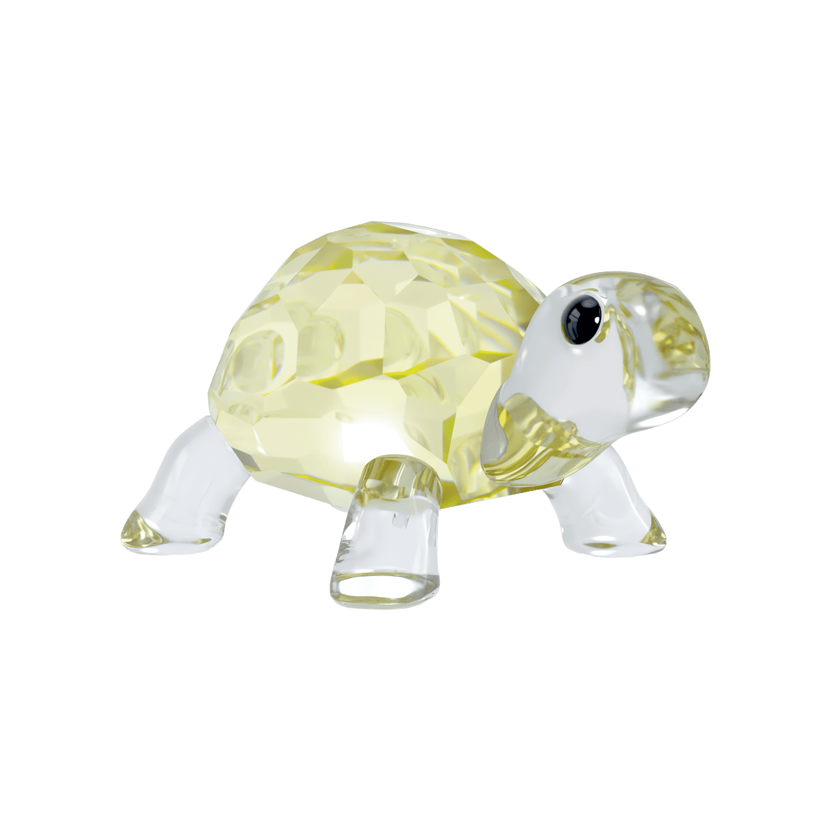 The Swarovski Idyllia Baby Tortoise by Swarovski features a small figurine crafted from faceted clear and pale yellow glass, with a gem-like textured shell and black eyes. Set against a plain white background, this charming crystal decoration adds whimsical elegance to any space.