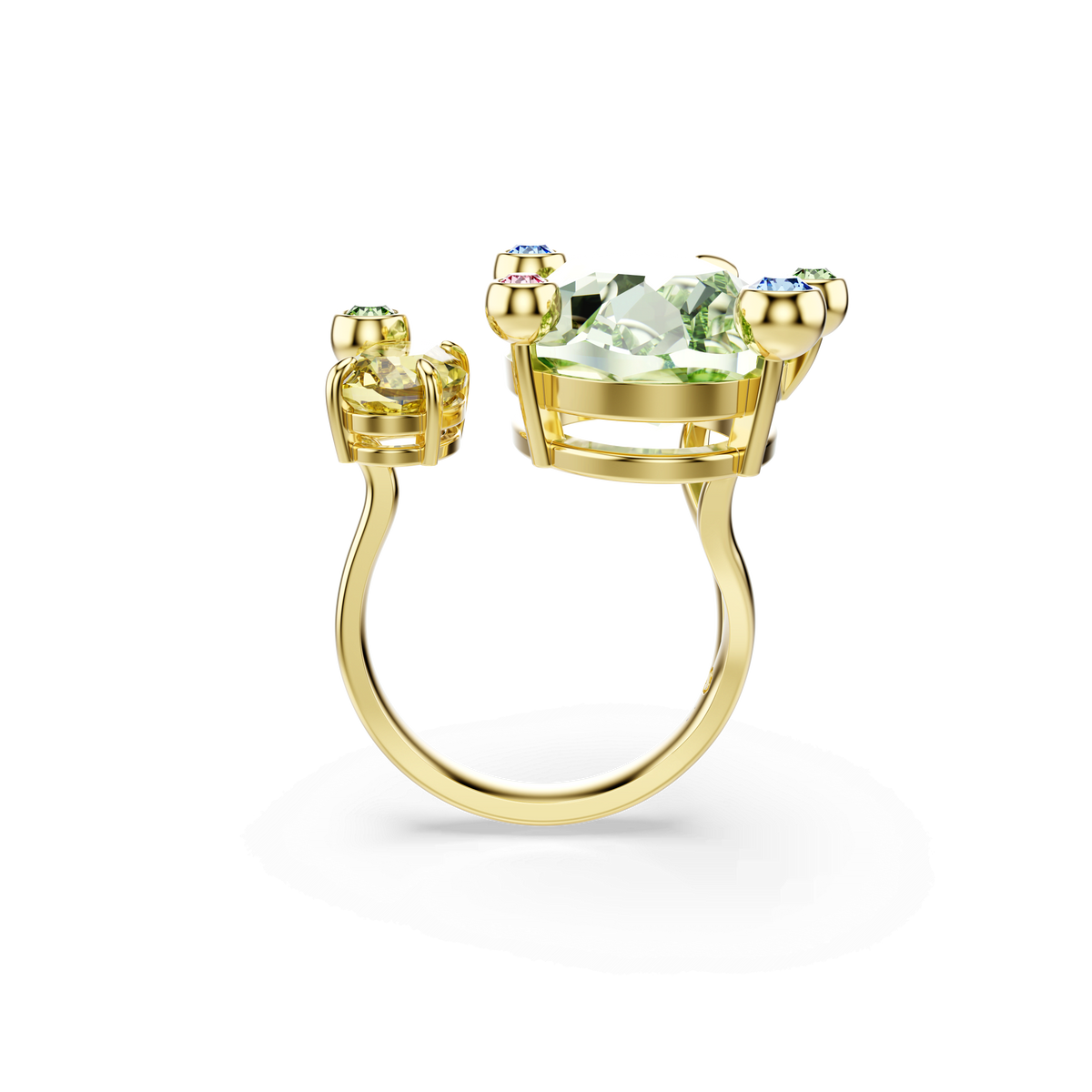 A Swarovski Gema open ring, featuring mixed cuts and multicoloured gemstones in a gold-tone plated setting, is beautifully displayed against a white background in this exquisite design from Swarovski.