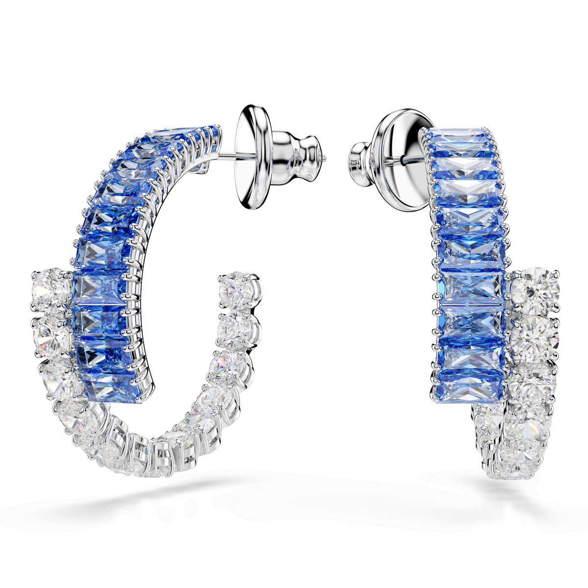 Discover the Swarovski Matrix hoop earrings, featuring a striking combination of blue square-cut and clear round gemstones set in rhodium plating. Shown on a white background, these elegant earrings are available exclusively at Swarovski Canada.