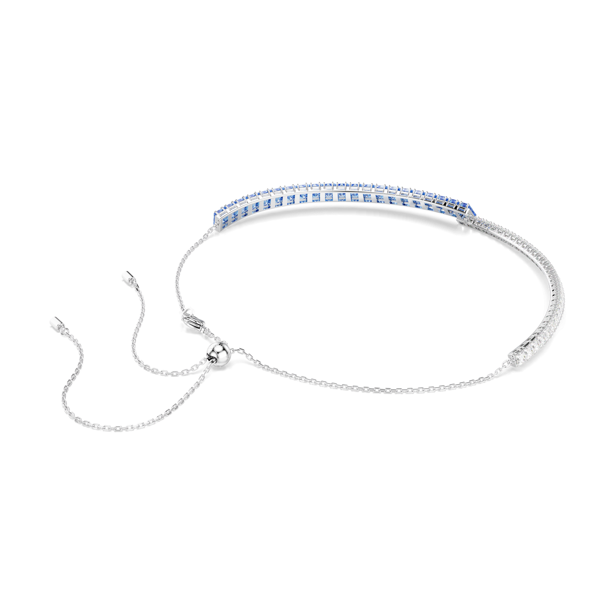 Presenting the Swarovski Matrix Choker BLU/RHS, an elegant creation by Swarovski featuring a row of small, square blue gemstones set on a delicate adjustable chain with a sliding clasp. Shown against a crisp white background, this sophisticated piece is ideal for those who value the refined sparkle and timeless craftsmanship that Swarovski is known for.