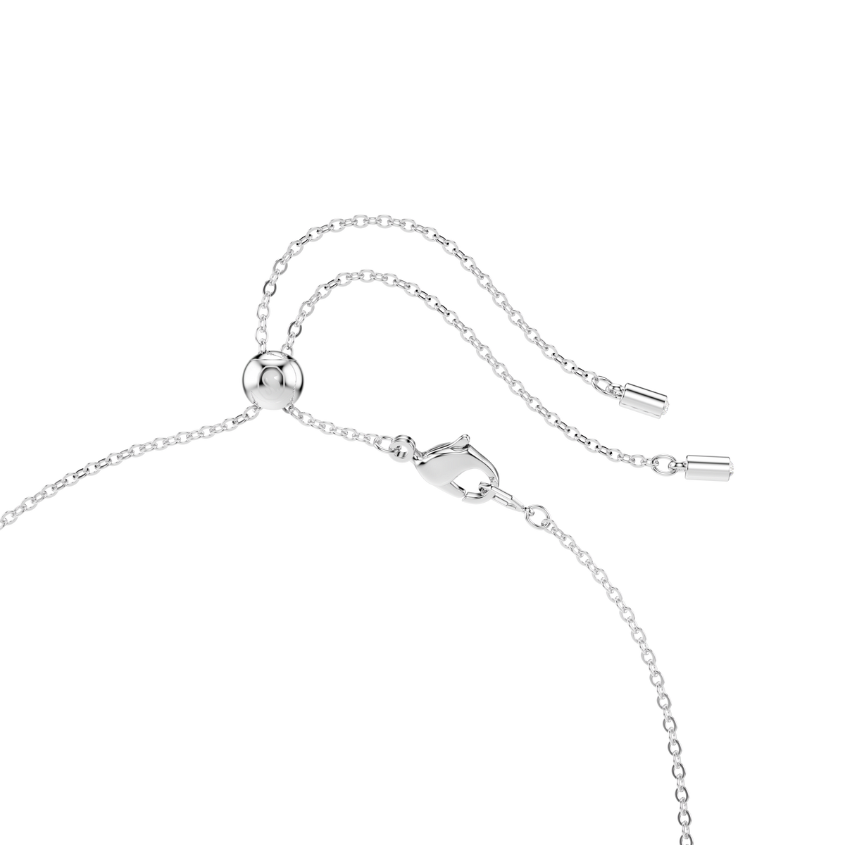 The Swarovski Constella necklace features mixed-cut clear crystals set in rhodium plating, elegantly displayed on a plain white background.