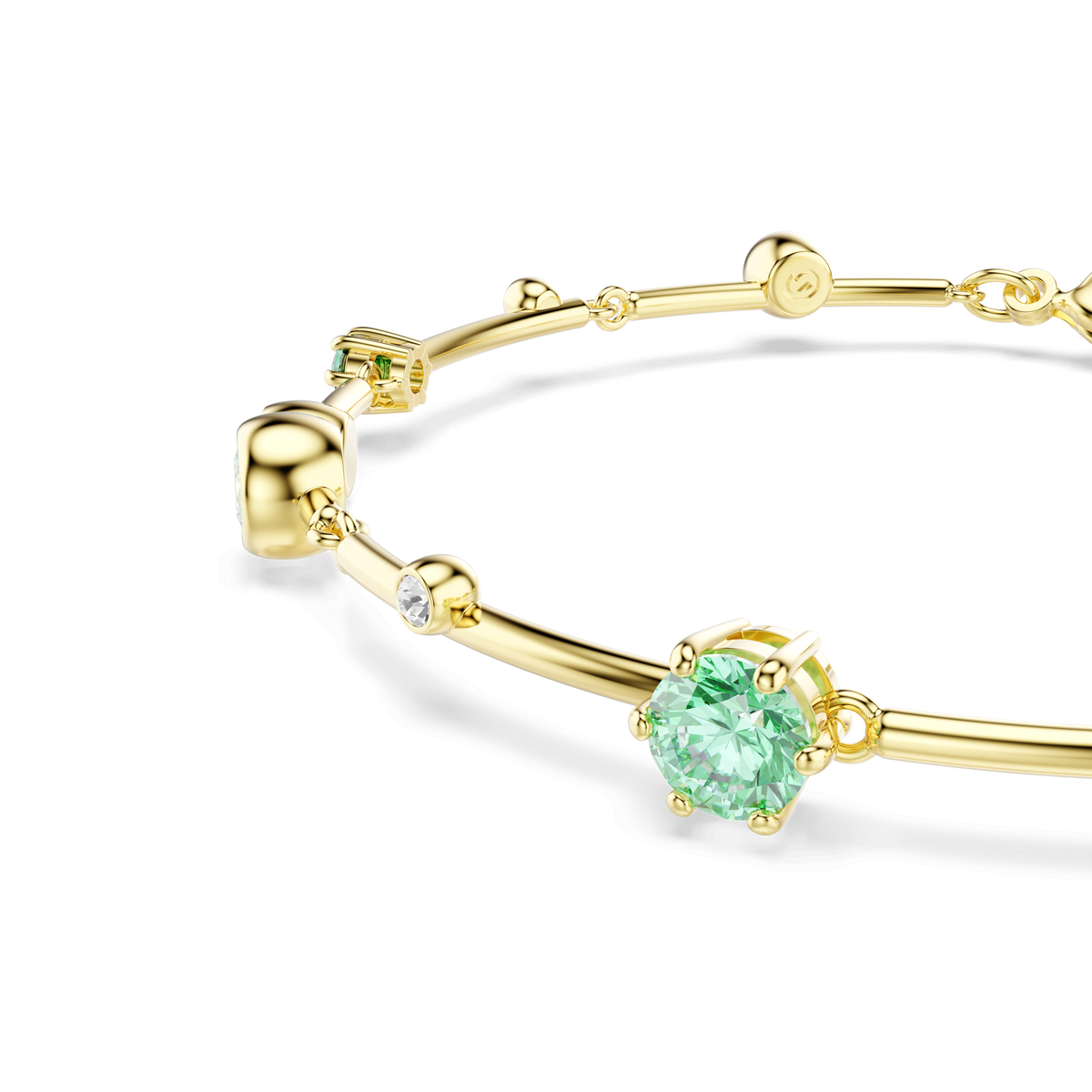 Swarovski Constella bracelet, featuring mixed cuts with a striking green center stone and sparkling Swarovski Zirconia accents, finished in radiant 18K gold, displayed against a plain white background.