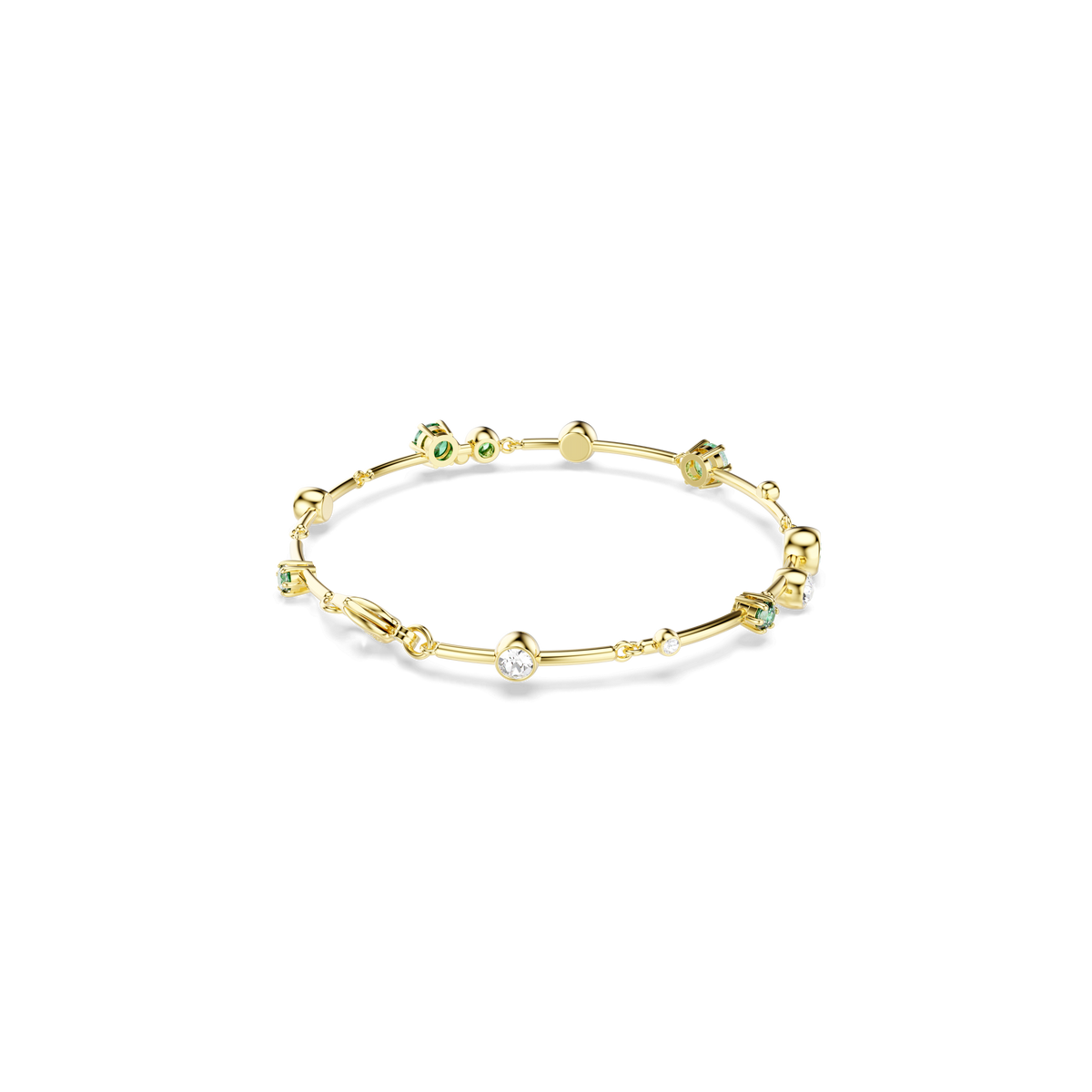 The Swarovski Constella bracelet, featuring mixed-cut green and clear Swarovski Zirconia gemstones elegantly arranged around its 18K gold finish band, is displayed on a plain white background.