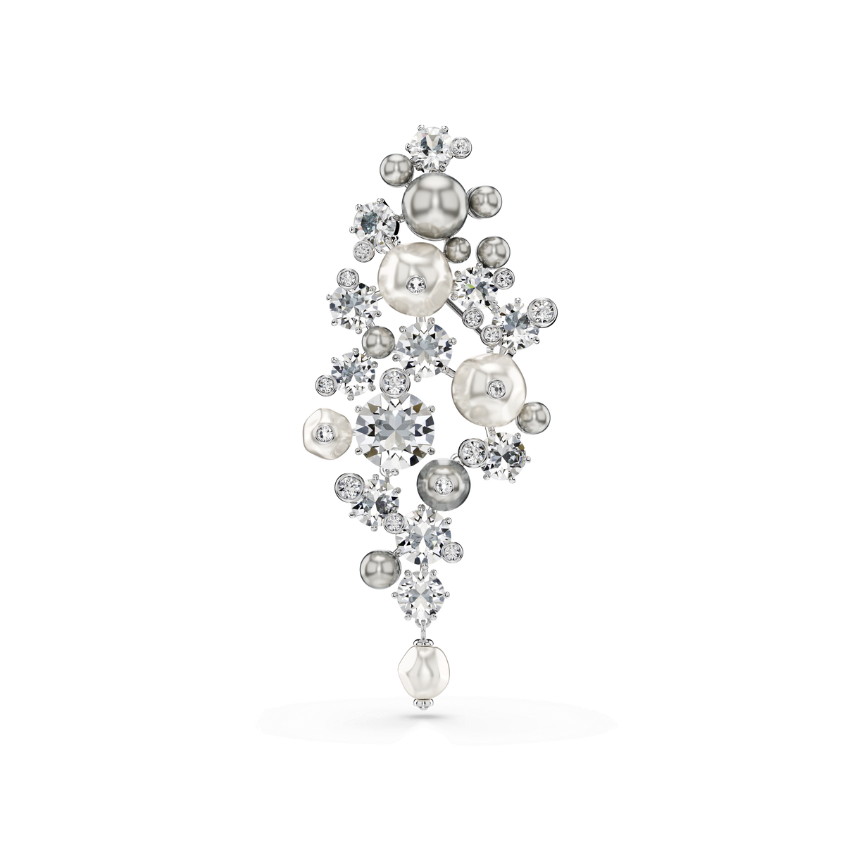 A stunning Swarovski Constella brooch featuring crystal pearls and round-cut gemstones in an elegant, intricate design, plated with rhodium and showcased against a white background.