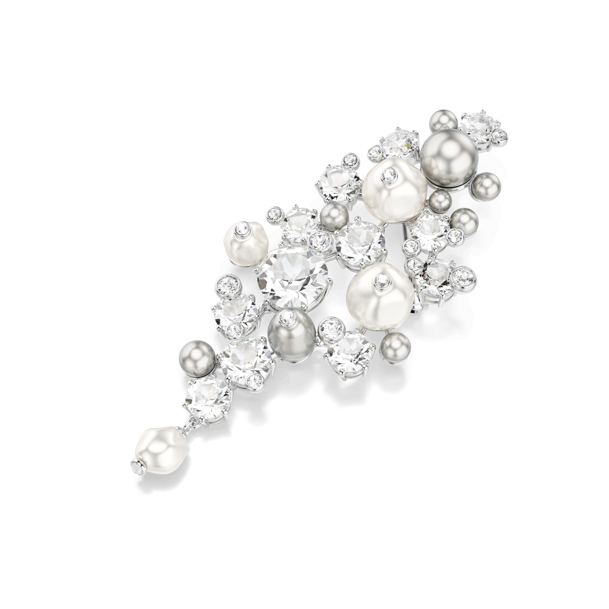 Introducing the Swarovski Constella brooch – a dazzling piece adorned with radiant round-cut crystal pearls and clear gemstones, all artfully set in an elegant, organic design. Enhanced by rhodium plating, this exquisite Swarovski accessory shines brilliantly against a pristine white background.