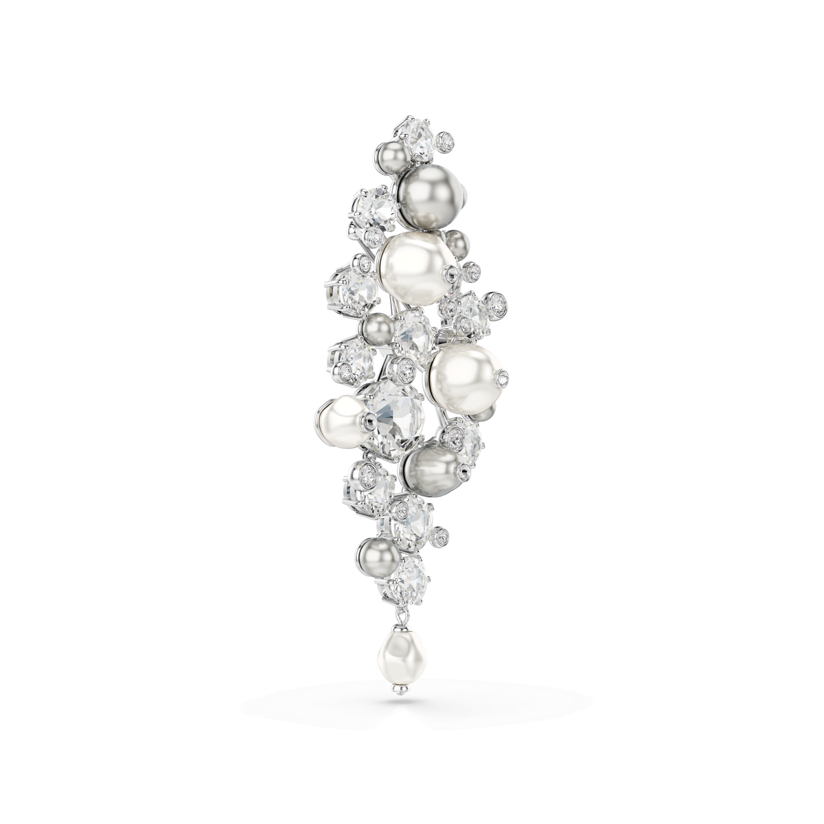 Introducing the Swarovski Constella brooch: a dazzling accessory featuring round-cut Swarovski Crystal Pearls and sparkling clear gemstones, artfully arranged in an organic design with a lustrous white backdrop and finished in elegant rhodium plating for enduring brilliance.