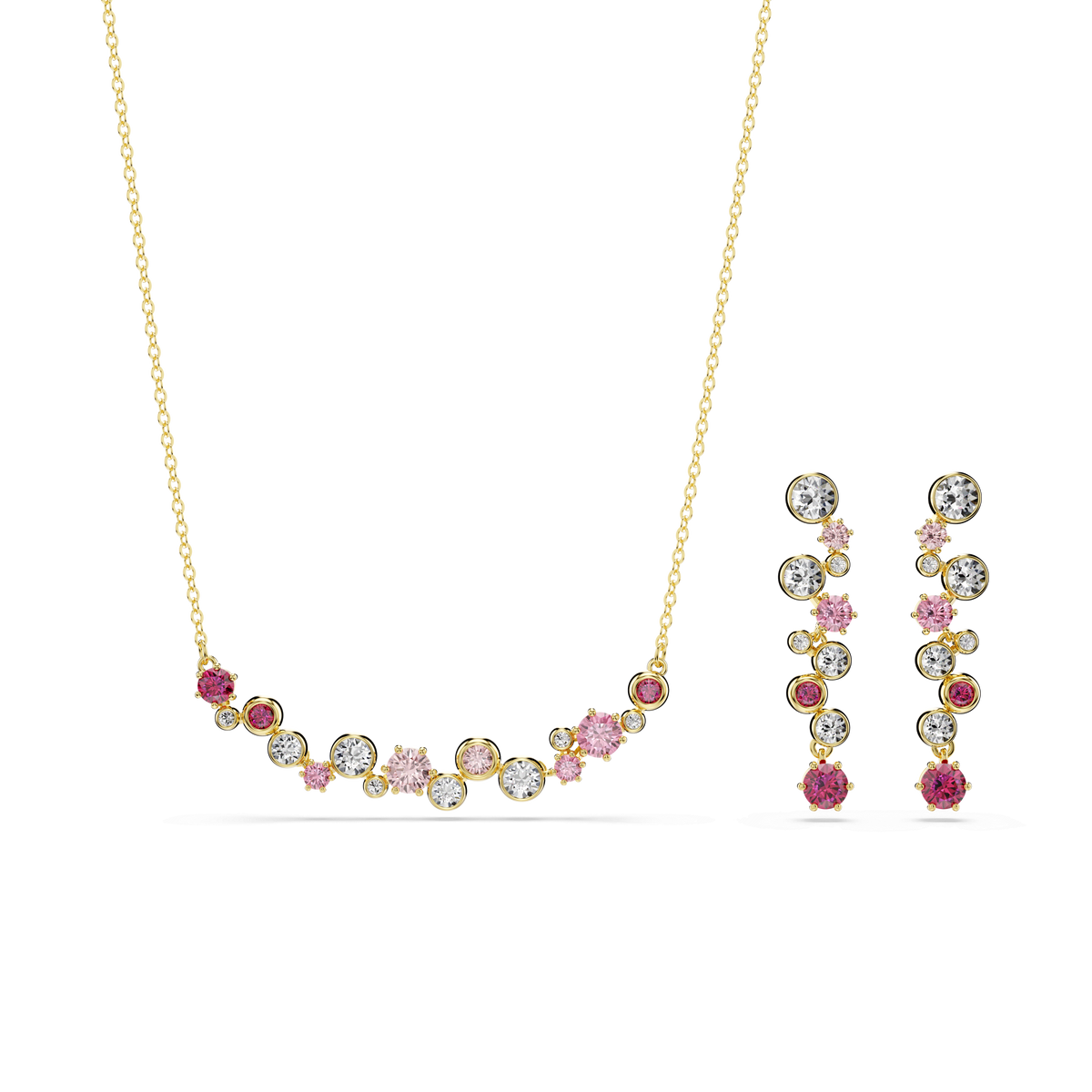 A sophisticated set from Swarovski, the Constella Set Mixed Cuts, features a gold-tone plated necklace and matching earrings adorned with clear, pink, and red multicoloured gemstones in various sizes. The asymmetrical, clustered design is elegantly displayed on a white background—showcasing sparkling craftsmanship and refined style reminiscent of Raffi Jewellers and Swarovski Canada.
