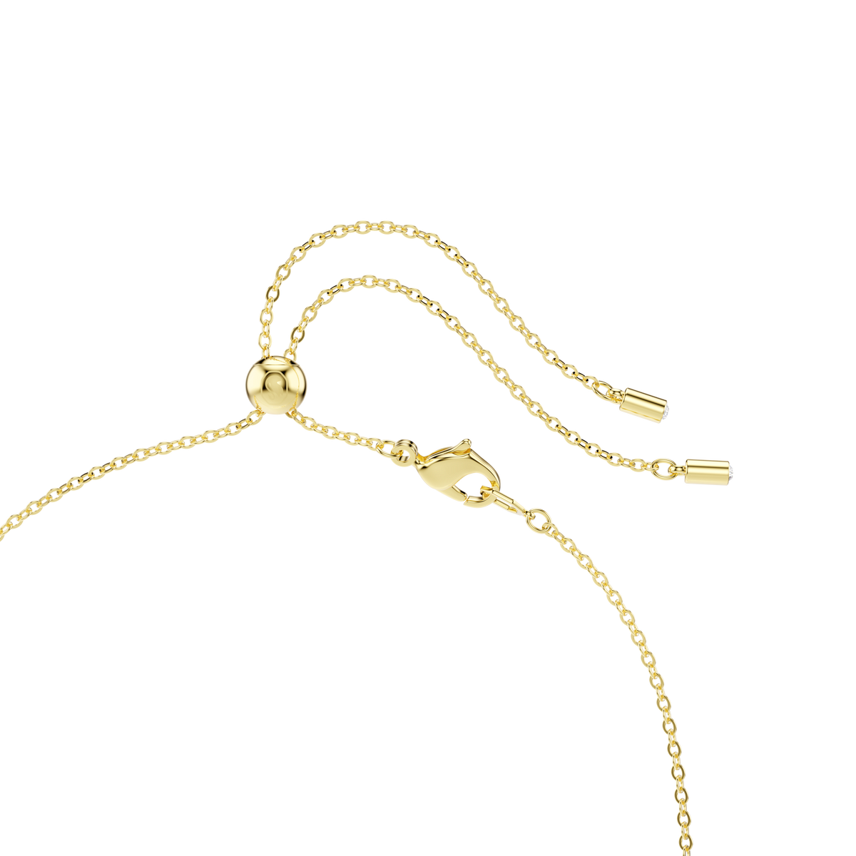 A gold-tone plated adjustable chain bracelet, featuring a sliding bead and lobster clasp with two loose chain ends tipped with small cylindrical accents, elegantly displayed on a plain white background—this refined accessory draws inspiration from the timeless design of the Swarovski Constella set Mixed cuts, Multicoloured by Swarovski, available at Raffi Jewellers.
