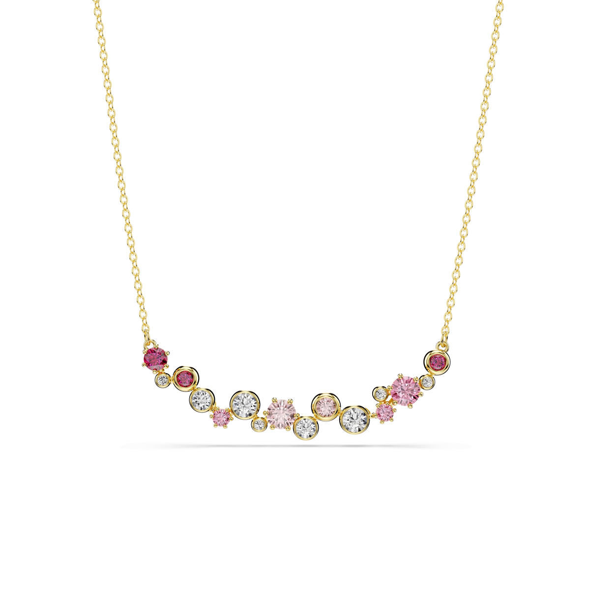 Swarovski’s Constella Set features a gold-tone plated necklace with mixed-cut, multicoloured gemstones arranged in a delicate curved design—an elegant piece from the coveted Swarovski Constella collection, available at Raffi Jewellers.