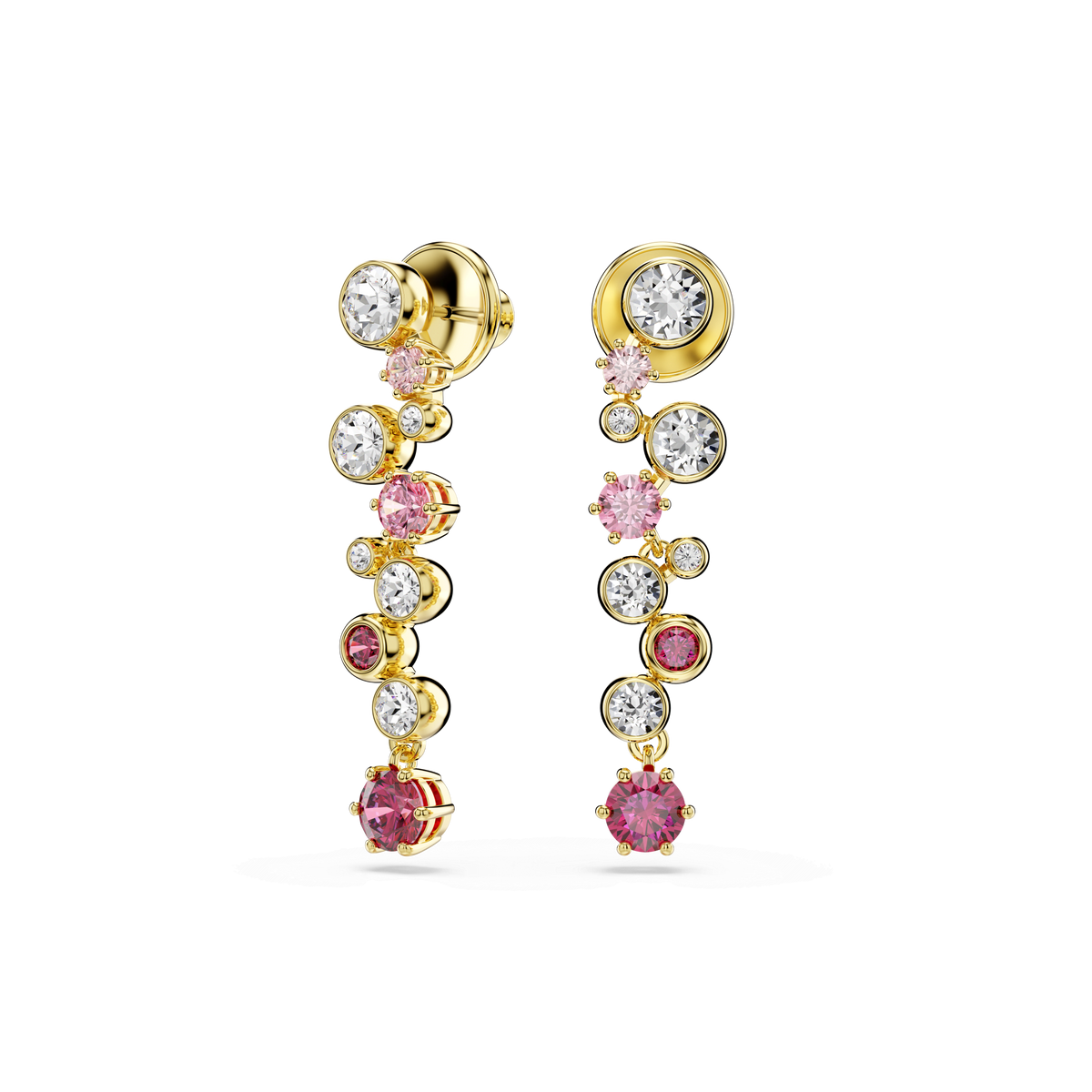 The Swarovski Constella set features gold-tone plated drop earrings adorned with alternating multicoloured gemstones in mixed cuts and sizes, arranged elegantly in a vertical line. The modern design is accentuated by a reflective finish against a plain white background, perfectly expressing the refined aesthetic of Swarovski.