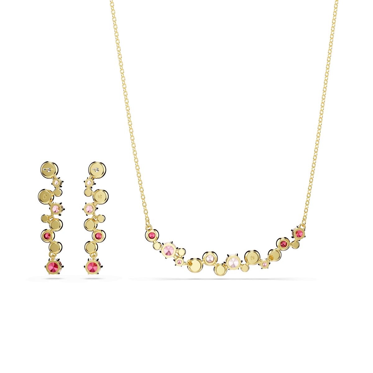 Swarovski Constella set, featuring mixed-cut multicoloured gemstones in pink, white, and red, displayed on a plain white background. This elegant gold-tone plated jewellery set from Swarovski captures the refined brilliance associated with Swarovski Canada collections and is reminiscent of the sophisticated styles seen at Raffi Jewellers.
