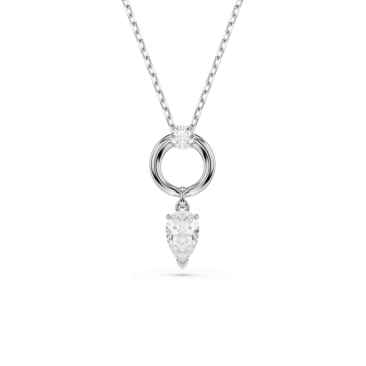 A Swarovski Mesmera Pendant featuring a pear-cut white gemstone and a circular rhodium-plated design, displayed against a plain white background.
