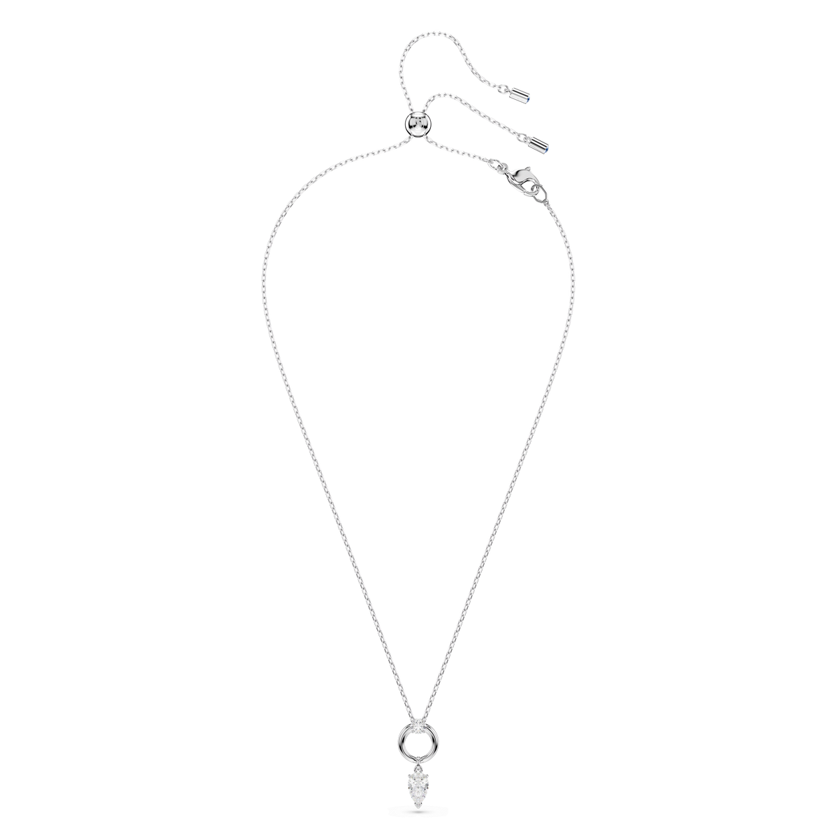 A refined Swarovski Mesmera pendant showcases a pear cut white crystal at its center, set in rhodium plating with an adjustable necklace clasp.