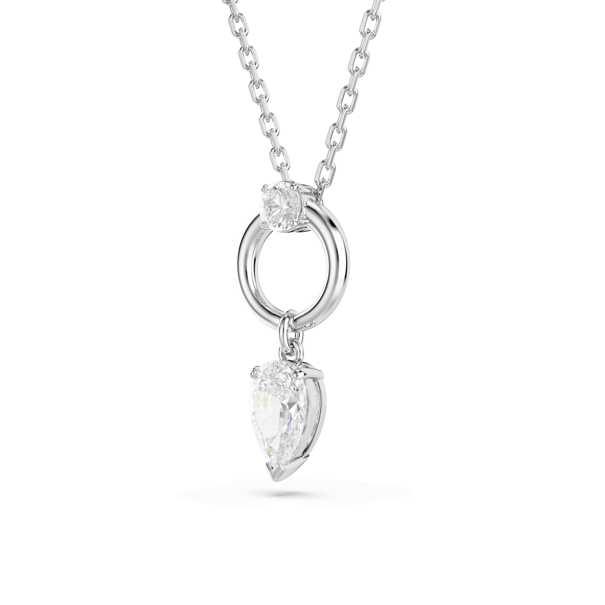 Featuring the Swarovski Mesmera pendant in white with a dazzling pear cut Swarovski crystal, this rhodium plated necklace by Swarovski is shown against a white background.