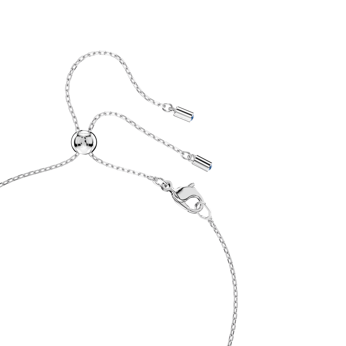 A delicate, rhodium plated chain bracelet by Swarovski, showcased on a plain white background, features an adjustable sliding bead and lobster clasp and is adorned with a sparkling Mesmera pear cut pendant in white.