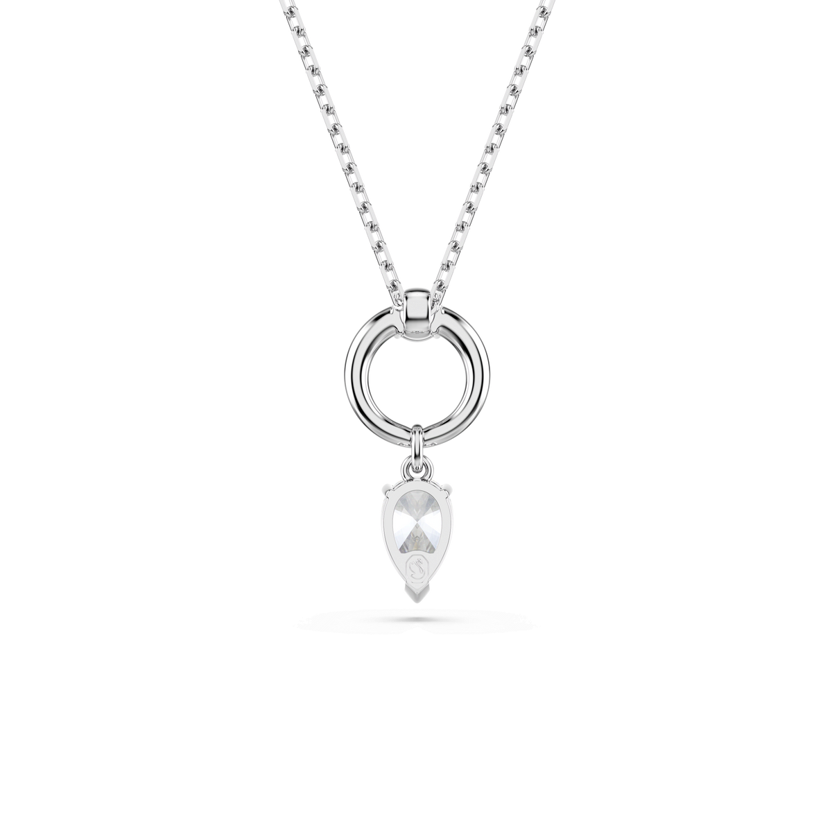 Displayed on a plain white background is the Swarovski Mesmera pendant by Swarovski, featuring a pear-cut white gemstone set in a circular rhodium-plated silver pendant.