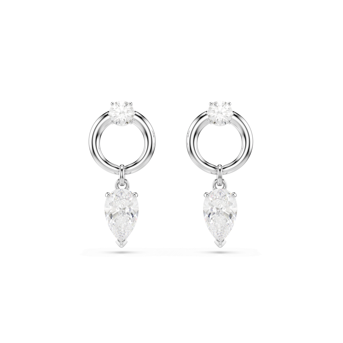 A pair of Swarovski Mesmera drop earrings featuring mixed cuts—including a circular stud, a round loop, and a pear-shaped clear gemstone suspended below—elegantly rhodium plated by Swarovski and displayed against a plain white background.