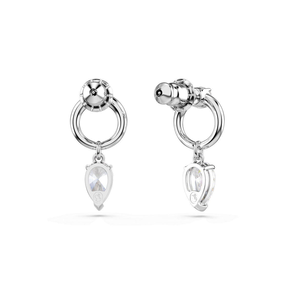 A pair of Swarovski Mesmera drop earrings, featuring mixed-cut clear gemstones in a teardrop design, rhodium plated and displayed against a plain white background.