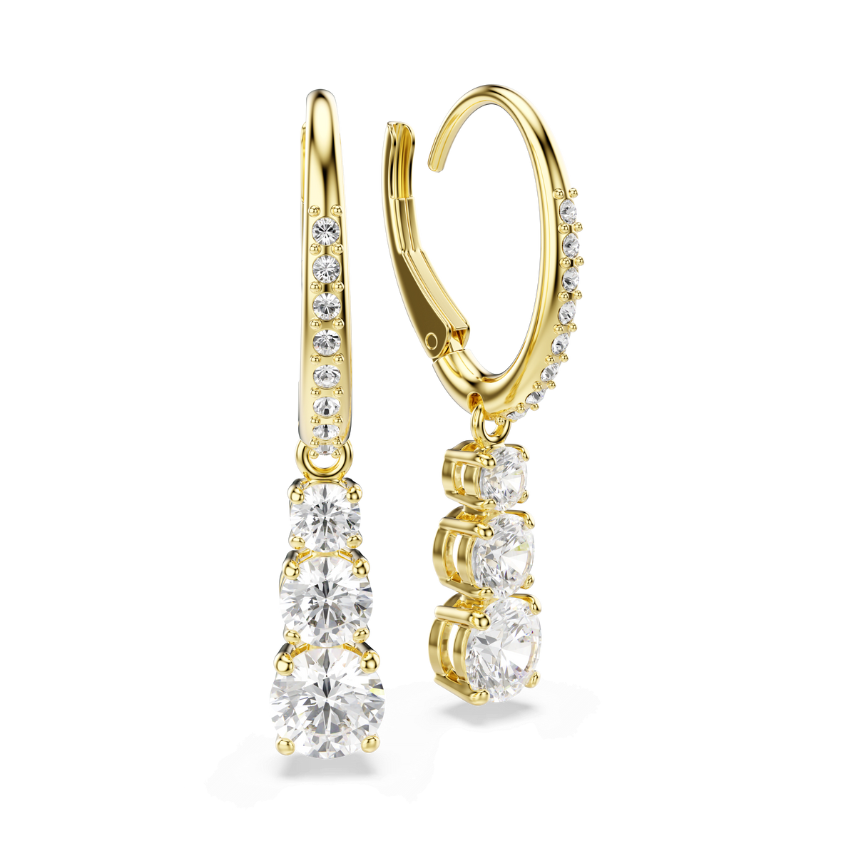 Discover elegant luxury with the Swarovski Stilla Attract hoop earrings. Featuring a refined 18K gold finish, each earring is adorned with three round, sparkling white stones and additional pavé-set white crystals on the front and latch. These sophisticated Swarovski hoops are the perfect accessory for formal occasions.