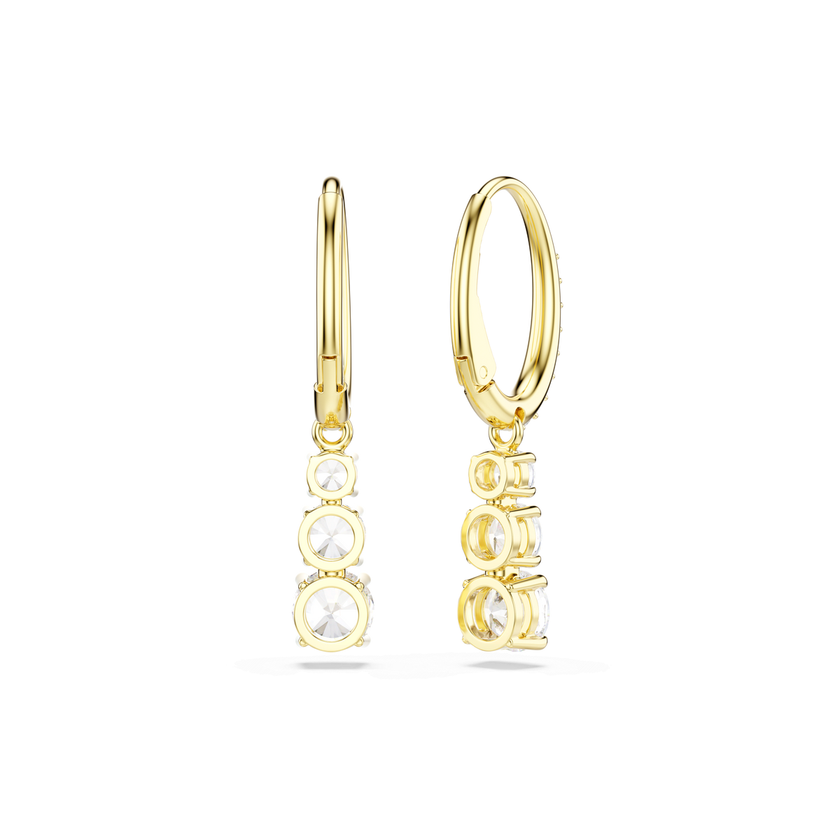 Swarovski Stilla Attract hoop earrings, featuring round-cut clear stones set in an 18K gold-finished design, beautifully crafted with sparkling Swarovski Zirconia that dangle vertically from each hoop. These elegant pavé earrings by Swarovski are showcased on a simple white background.
