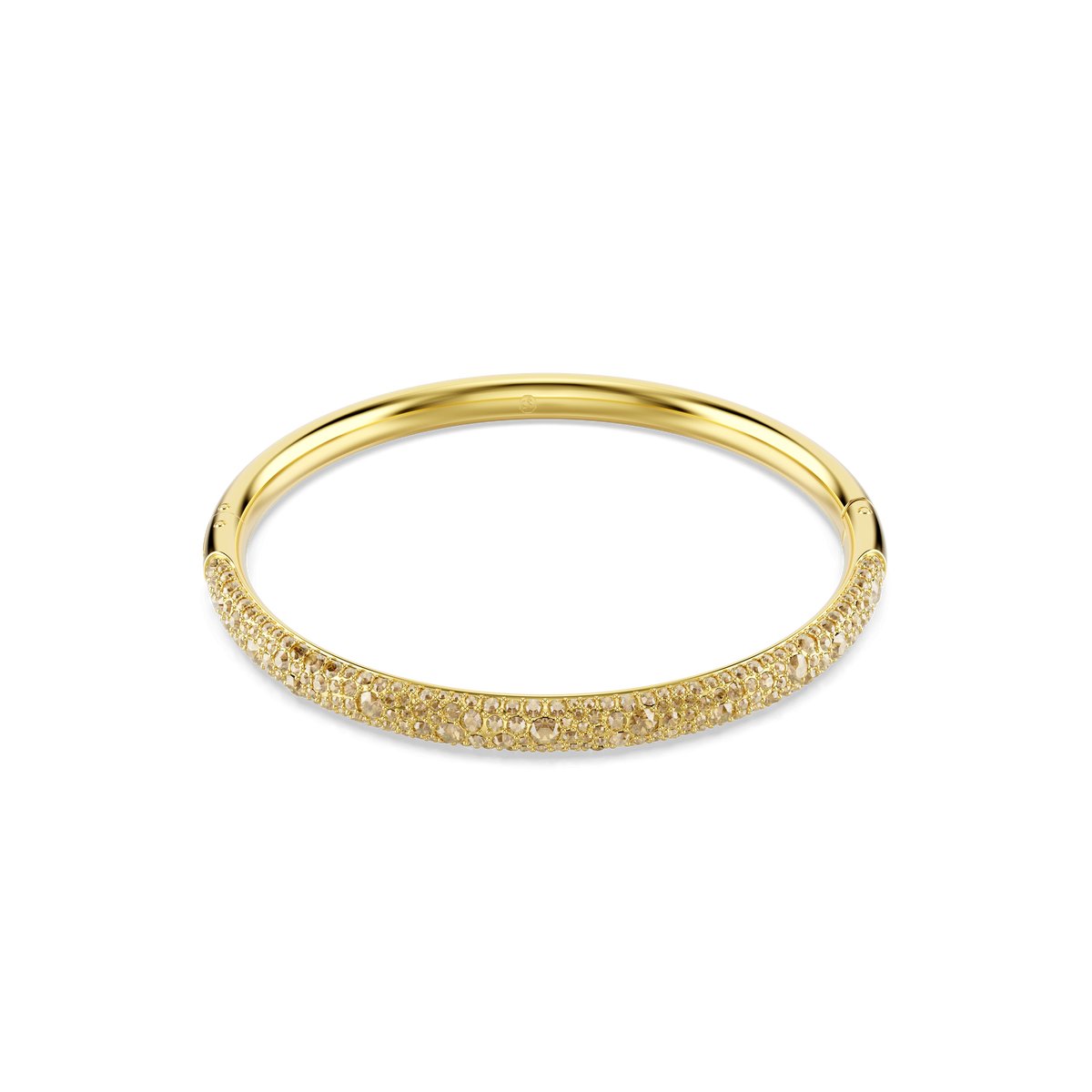 The Swarovski Sublima bangle, Snow pavé, showcases a row of small, sparkling crystals along the top half and features an elegant gold tone with an 18K gold finish, beautifully displayed on a plain white background.