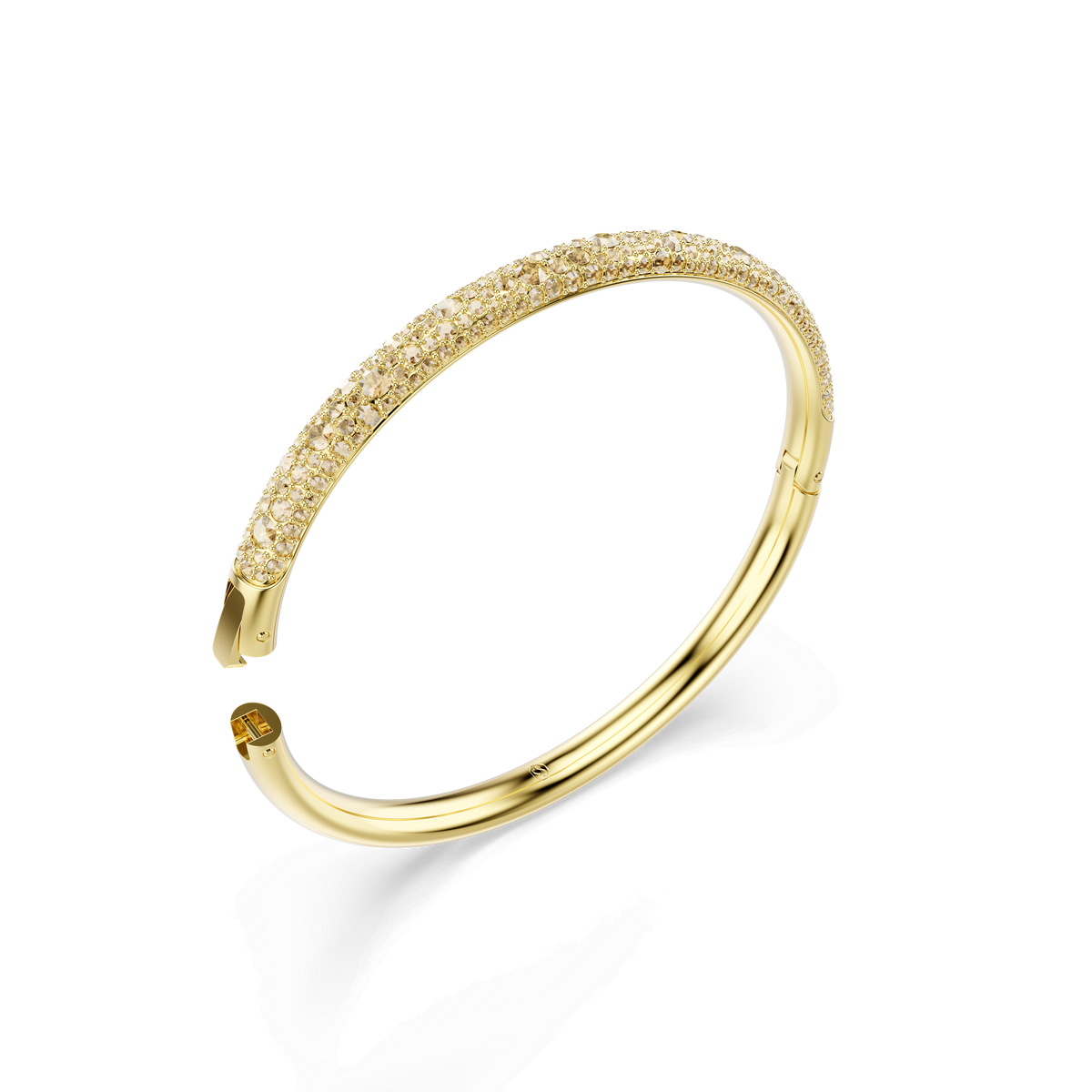 The Swarovski Sublima bangle features a curved row of sparkling snow pavé crystals on the upper half, finished in radiant 18K gold with a gold-tone setting, and is shown against a plain white background.