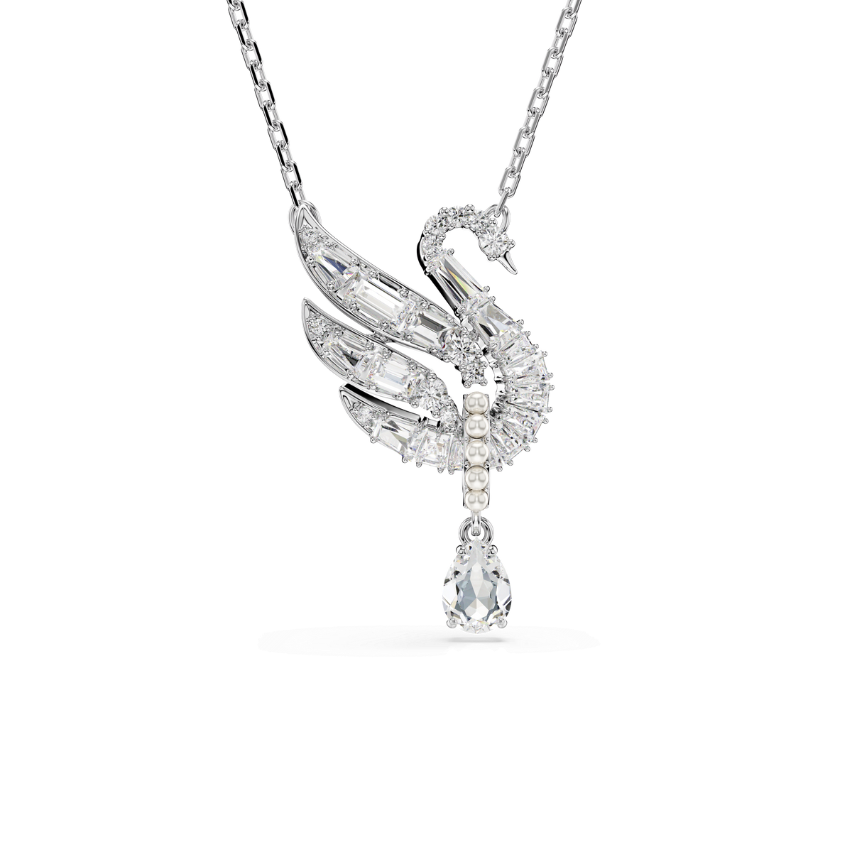 Introducing the Swarovski Swan pendant, an elegant rhodium-plated necklace from Swarovski. Featuring the iconic swan motif in white and embellished with sparkling clear crystals, this piece is completed with a teardrop-shaped gemstone suspended from the base of the pendant. The fine, delicate chain perfectly highlights the shimmering charm, making it a sophisticated addition to any jewelry collection.