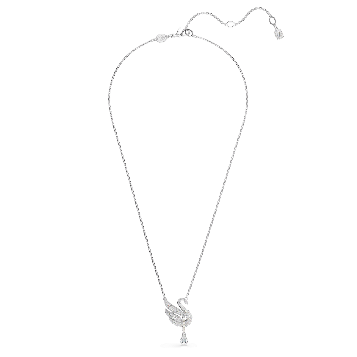 A delicate Swarovski Swan pendant necklace, featuring a thin rhodium-plated chain and a swan motif embellished with sparkling white crystals, is displayed on a plain white background.