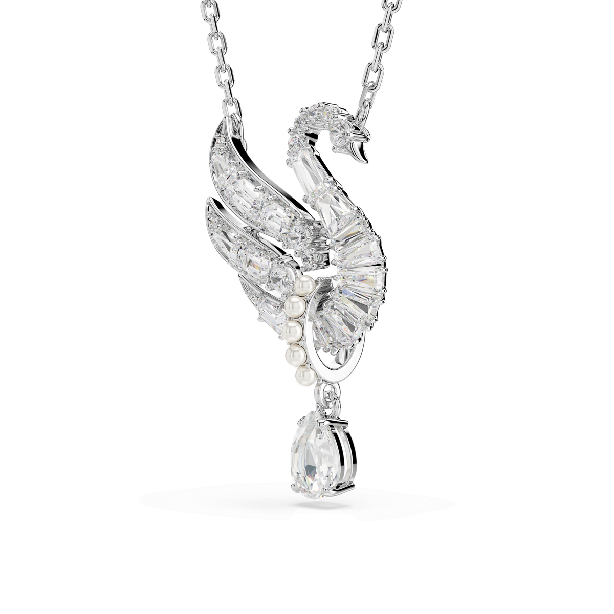 Introducing the Swarovski Swan pendant: a stunning rhodium-plated silver necklace by Swarovski, featuring their iconic white swan motif adorned with sparkling crystals, crystal pearls accenting the body, and finished with a single teardrop-shaped crystal delicately suspended below.