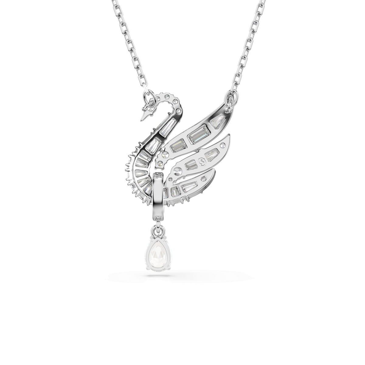 A rhodium-plated Swarovski Swan necklace showcasing a geometric swan pendant in white, adorned with a teardrop-shaped Swarovski Zirconia gemstone.