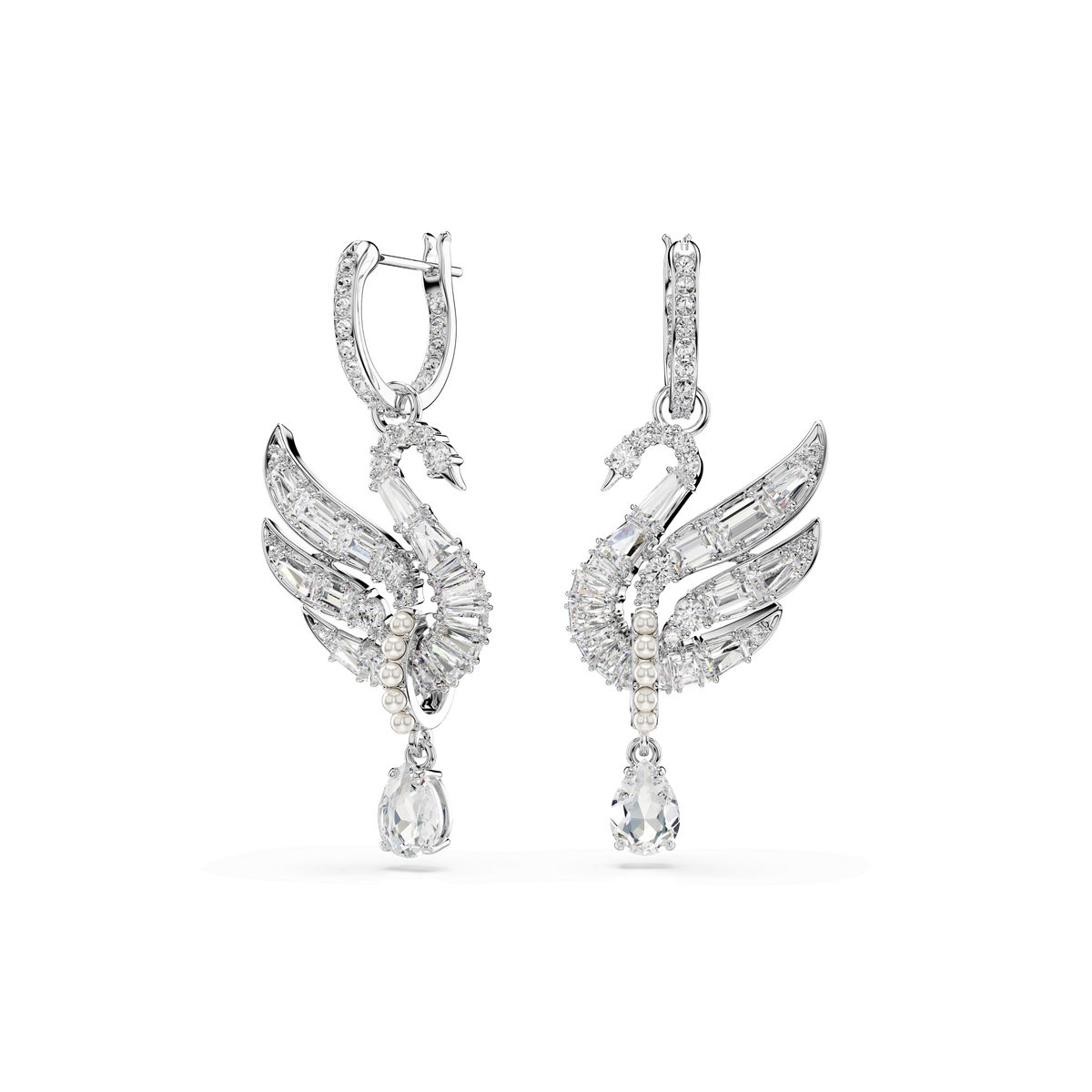 The Swarovski Swan earrings feature an elegant swan-shaped design in rhodium-plated metal, adorned with intricate crystal detailing and a dangling teardrop-shaped Swarovski Zirconia, showcased against a plain white background.