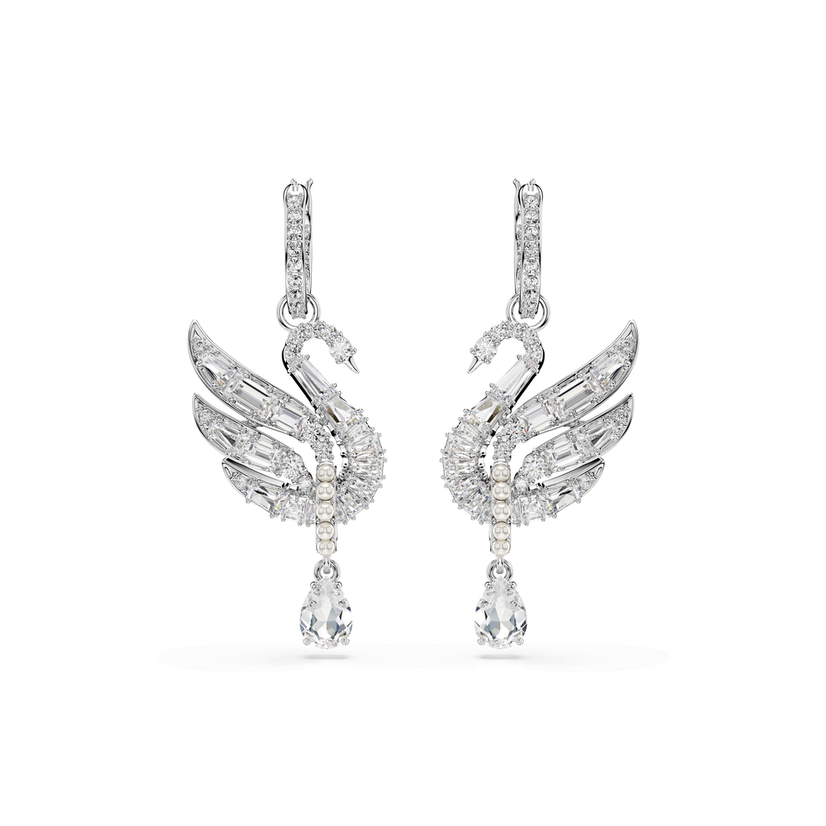 The Swarovski Swan earrings, crafted in a graceful swan shape with outstretched wings, are adorned with shimmering clear gemstones and finished with teardrop-shaped crystals. Plated in rhodium for an elegant touch, these white Swarovski earrings glisten beautifully against a plain white background.