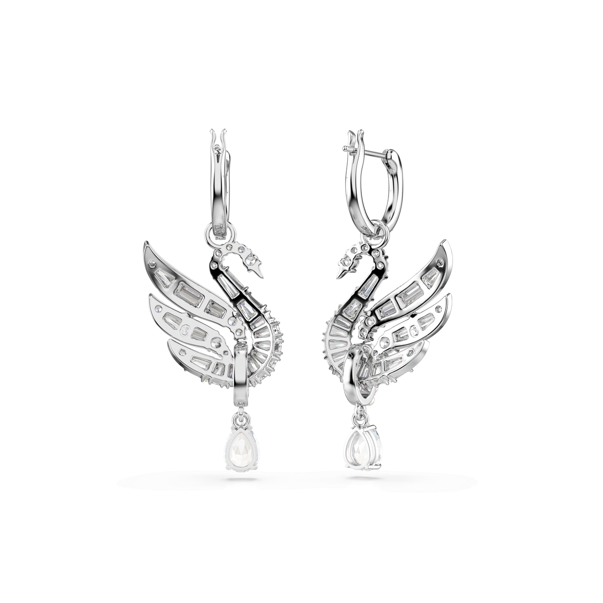 A pair of Swarovski Swan earrings, expertly crafted in rhodium plating and featuring a graceful swan silhouette adorned with clear gemstones and a single teardrop-shaped crystal delicately suspended from each earring, embodying the signature elegance of Swarovski.