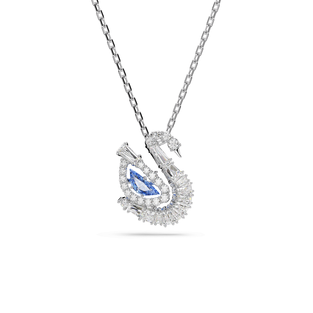 Swarovski Swan pendant featuring a graceful swan motif in mixed cuts and striking blue accents, adorned with a sparkling centerpiece and surrounded by shimmering Swarovski Zirconia, showcased on a simple chain against a white background.