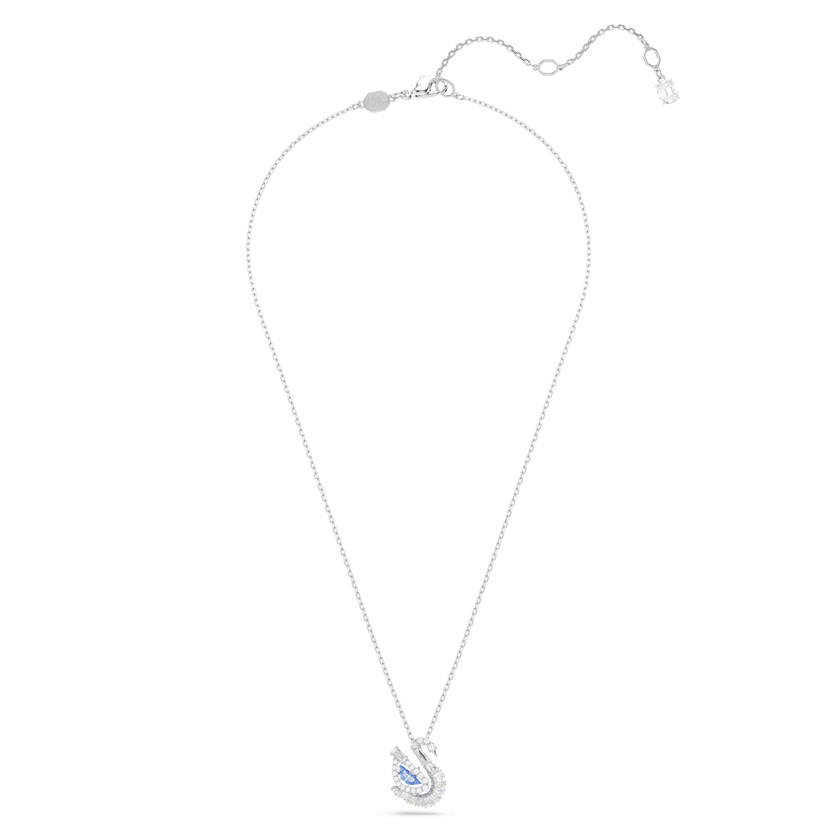 Introducing the Swarovski Swan pendant from Swarovski—a delicate silver necklace showcasing the iconic swan motif, adorned with mixed cuts and sparkling white Swarovski Zirconia, highlighted by a single blue dancing stone. Elegantly presented on a crisp white background.