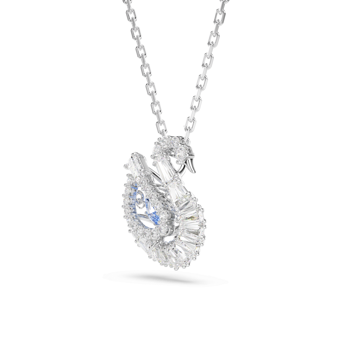Swarovski Swan pendant necklace, showcasing the iconic swan motif adorned with mixed-cut clear crystals and a sparkling blue dancing stone detail, photographed against a plain white background.