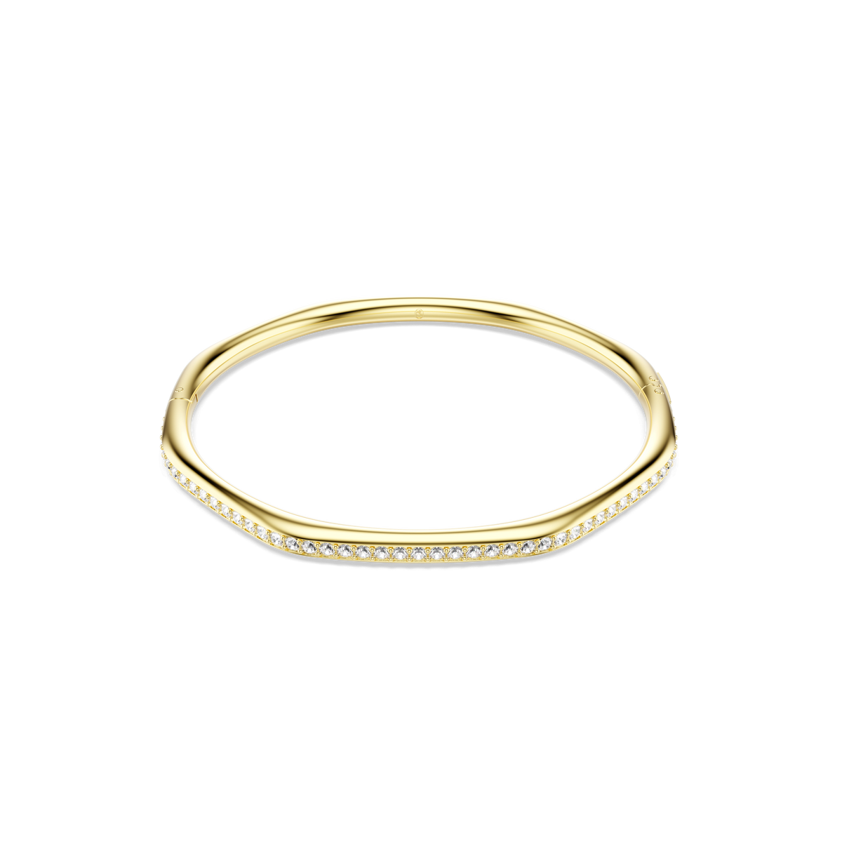 The Swarovski Dextera bangle features an octagon shape and round-cut white crystals, finished in 18K gold. Designed by Swarovski, this elegant bracelet is displayed on a plain white background.