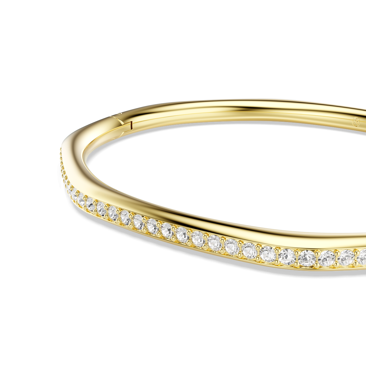 A close-up of the Swarovski Dextera bangle showcases its striking octagon shape and round-cut white crystals, all accentuated by an elegant 18K gold finish, set against a plain white background.