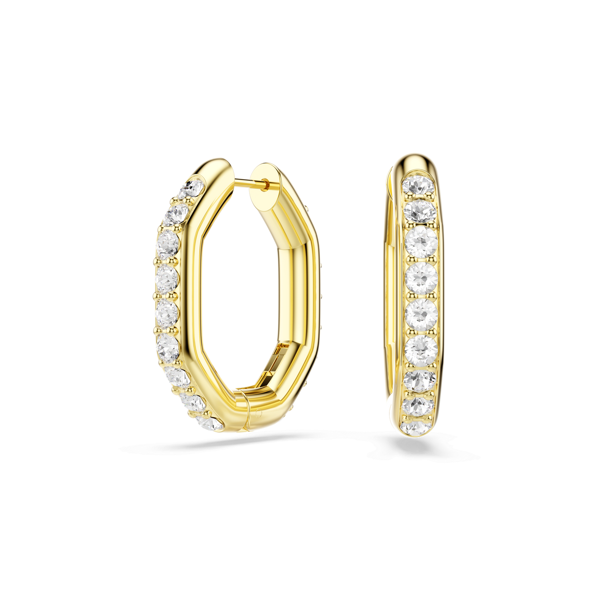 The Swarovski Dextera hoop earrings feature an octagonal shape embellished with round-cut white crystals along the front edge and are finished in radiant 18K gold, displayed against a plain white background.