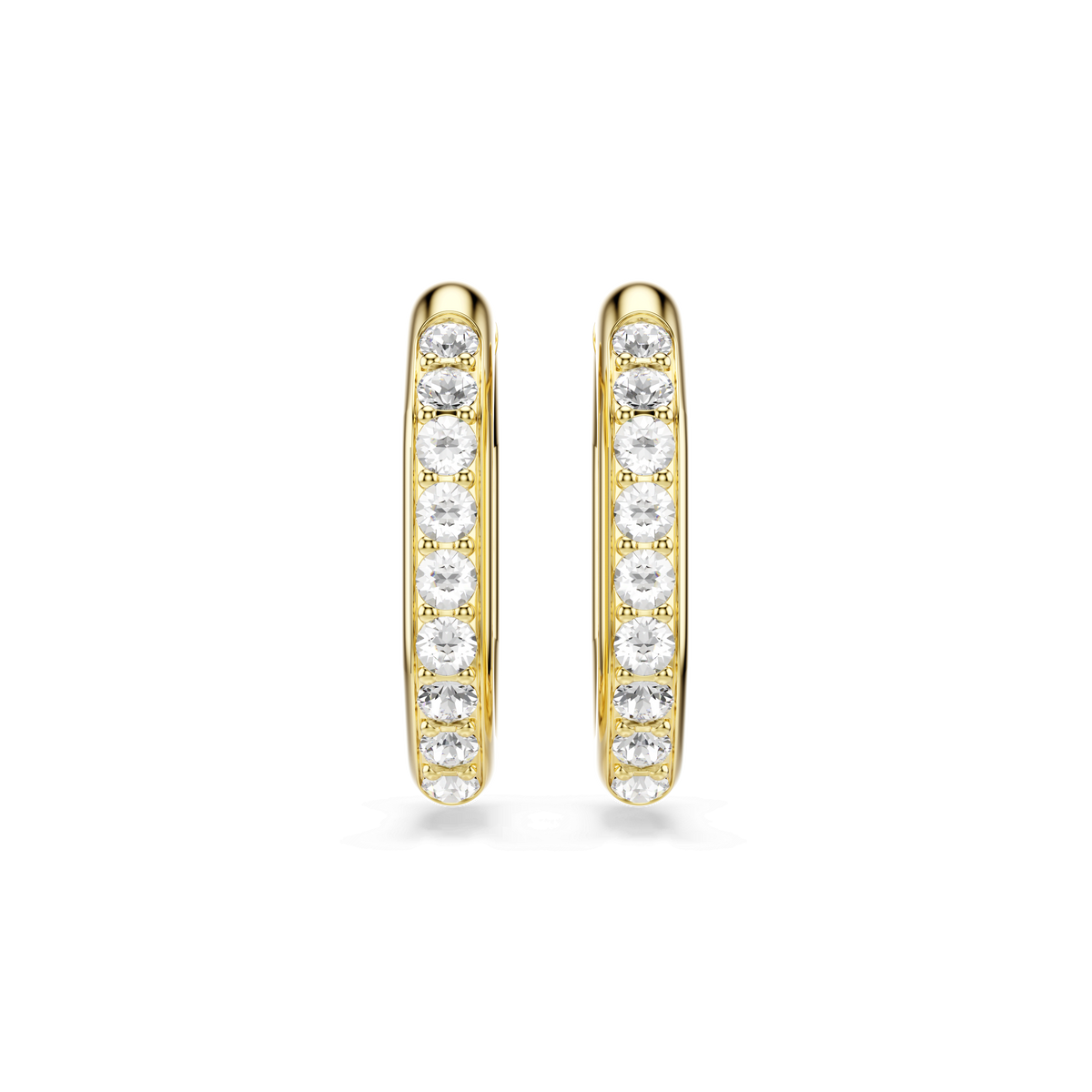 The Swarovski Dextera hoop earrings, featuring an elegant octagon shape and round-cut white crystals with a luxurious 18K gold finish, are displayed on a plain light background.
