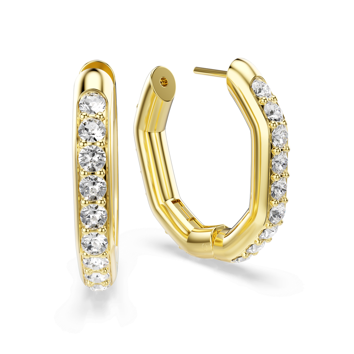 The Swarovski Dextera hoop earrings feature an octagon shape and a medium size, crafted with an 18K gold finish and adorned with a row of round, clear gemstones along the front outer edge. They are displayed on a white background.