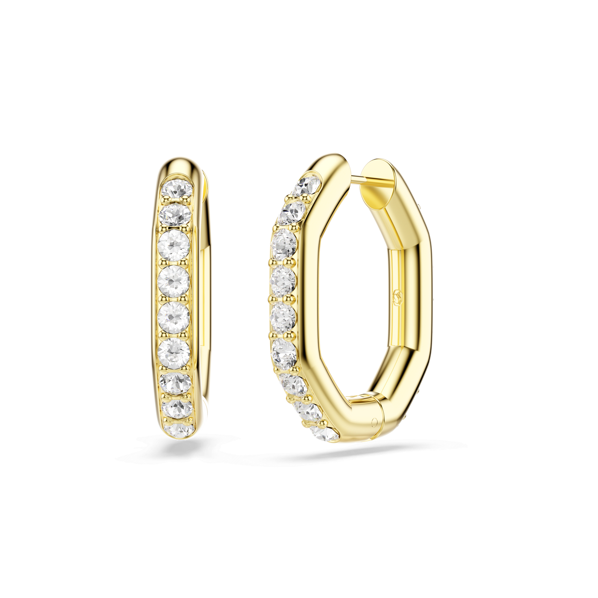 The Swarovski Dextera hoop earrings feature a medium-sized octagon shape adorned with a row of round, white stones, finished in radiant 18K gold and elegantly displayed against a plain white background.
