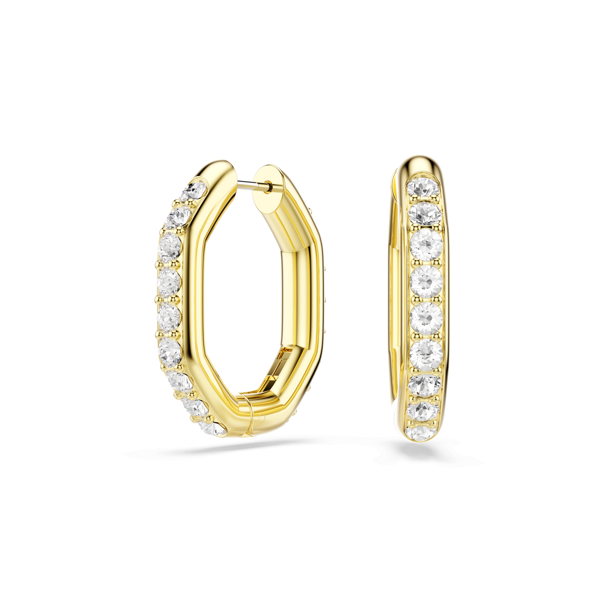 Introducing the Swarovski Dextera hoop earrings—medium-sized hoops in an elegant octagon shape, each adorned with a row of sparkling white round-cut crystals along the front and finished in luxurious 18K gold.