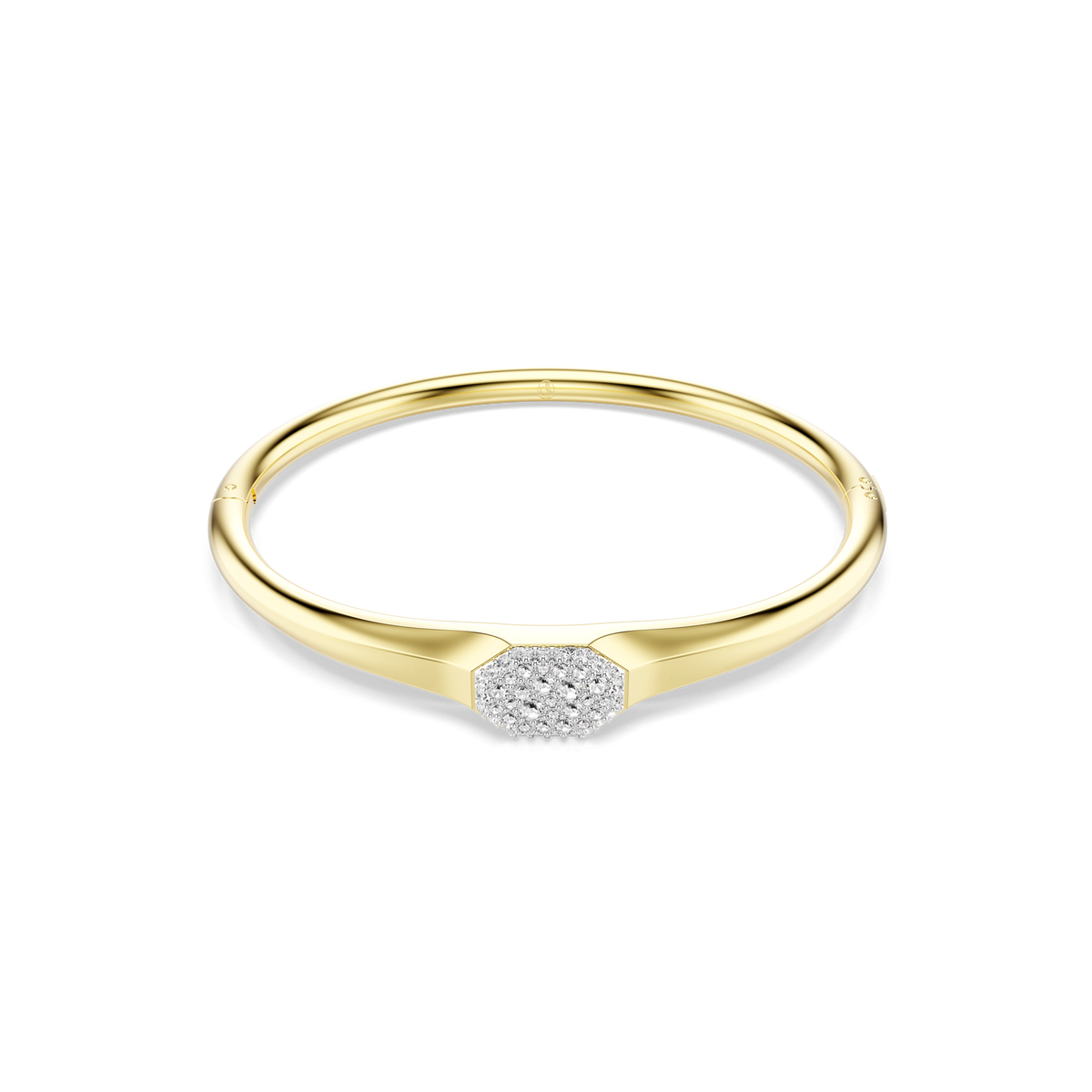 The Swarovski Dextera bangle showcases a cluster of round-cut, sparkling white stones at its center, elegantly finished in radiant 18K gold and set against a plain white background.