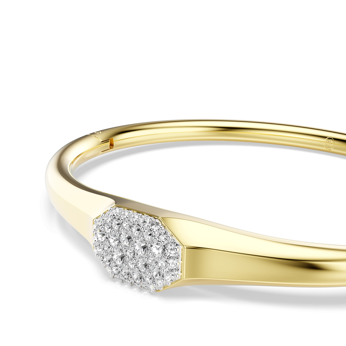 The Swarovski Dextera bangle, featuring round cut white crystals and an 18K gold finish, is displayed on a plain light background.