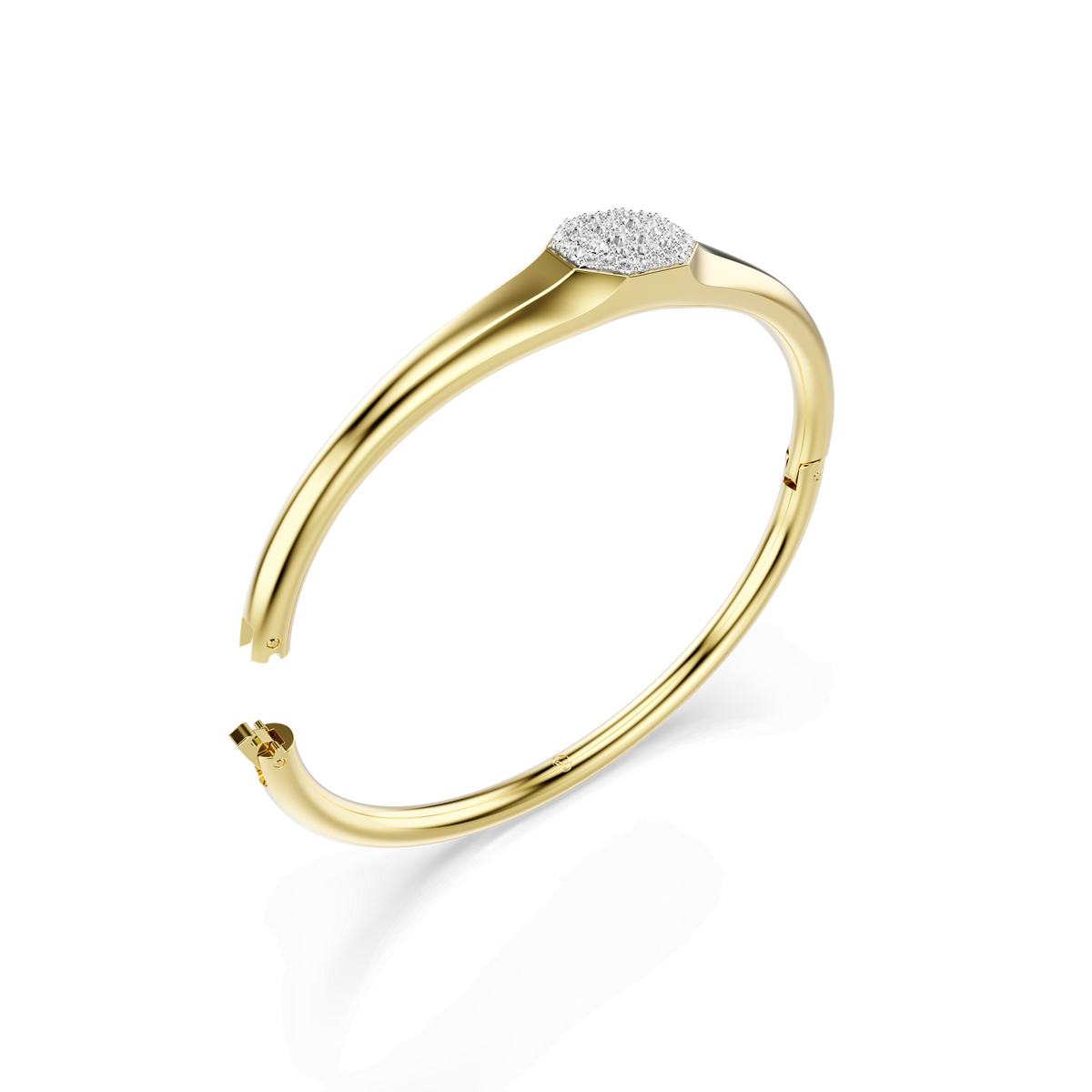 A sleek Swarovski Dextera bangle, featuring round-cut white crystals and an elegant 18K gold finish, is displayed against a plain white background.