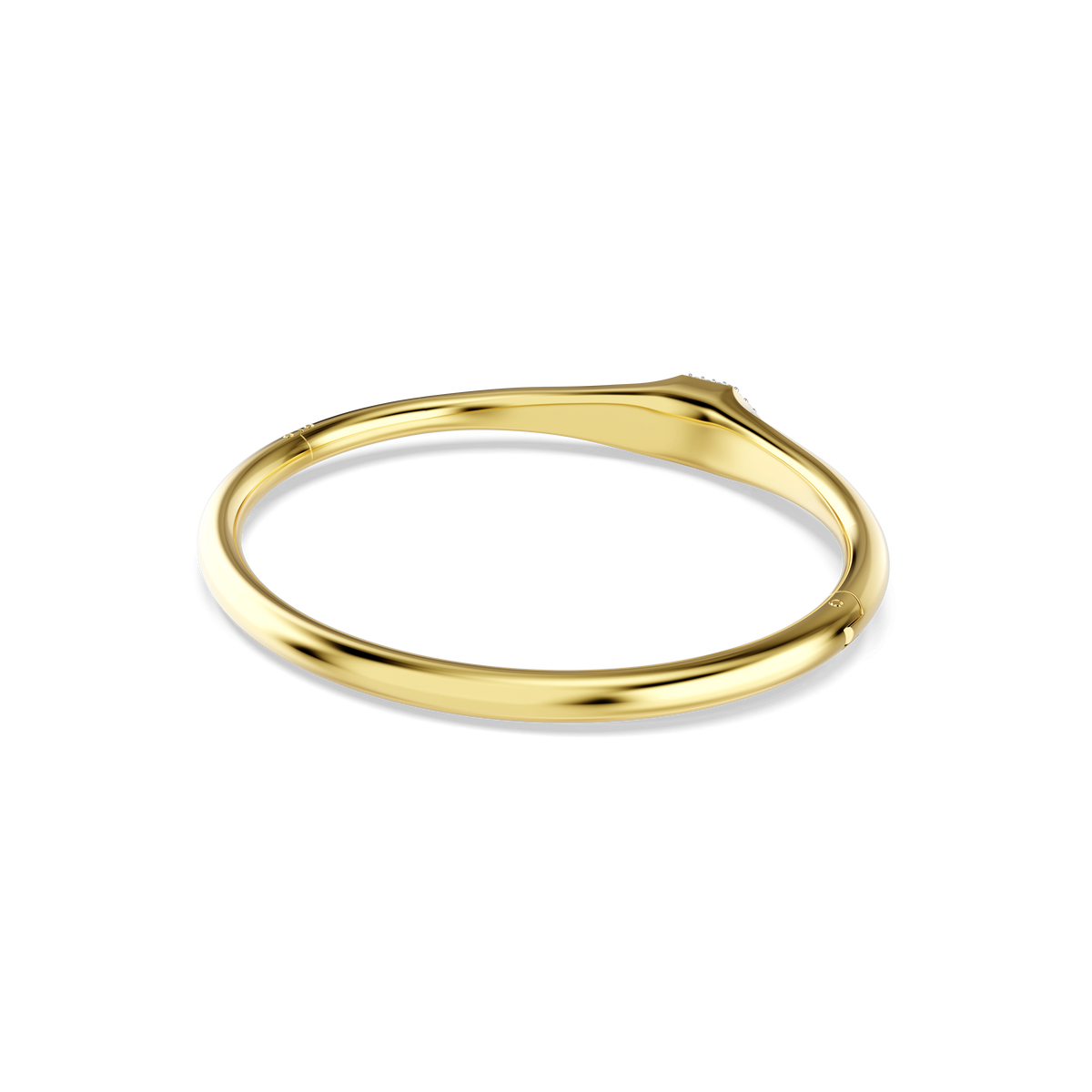 Showcased on a plain white background, the Swarovski Dextera bangle features an elegant 18K gold finish, a distinctive round cut design, and a subtle curved detail at the top.