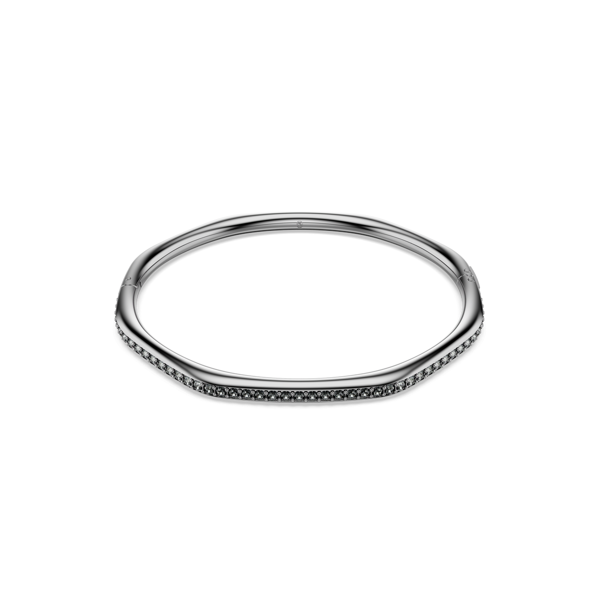 The Swarovski Dextera bangle features an octagon shape and round-cut crystals, plated in ruthenium, with a sleek white finish and a row of sparkling crystals along the lower edge, displayed on a plain white background.